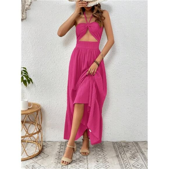 NEW - ‎ Women's Vacation Solid Color Pink  Ruched Waist Backless Halter Dress - Picture 4 of 5